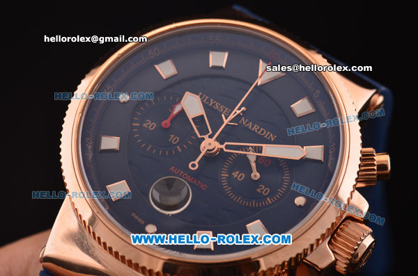 Ulysse Nardin Maxi Marine Chronograph Swiss Valjoux 7750 Automatic Rose Gold Case with Blue Dial and Blue Rubber Strap - Click Image to Close